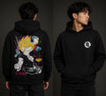 Black hoodie with colorful anime graphic on the back and white symbol on the chest.