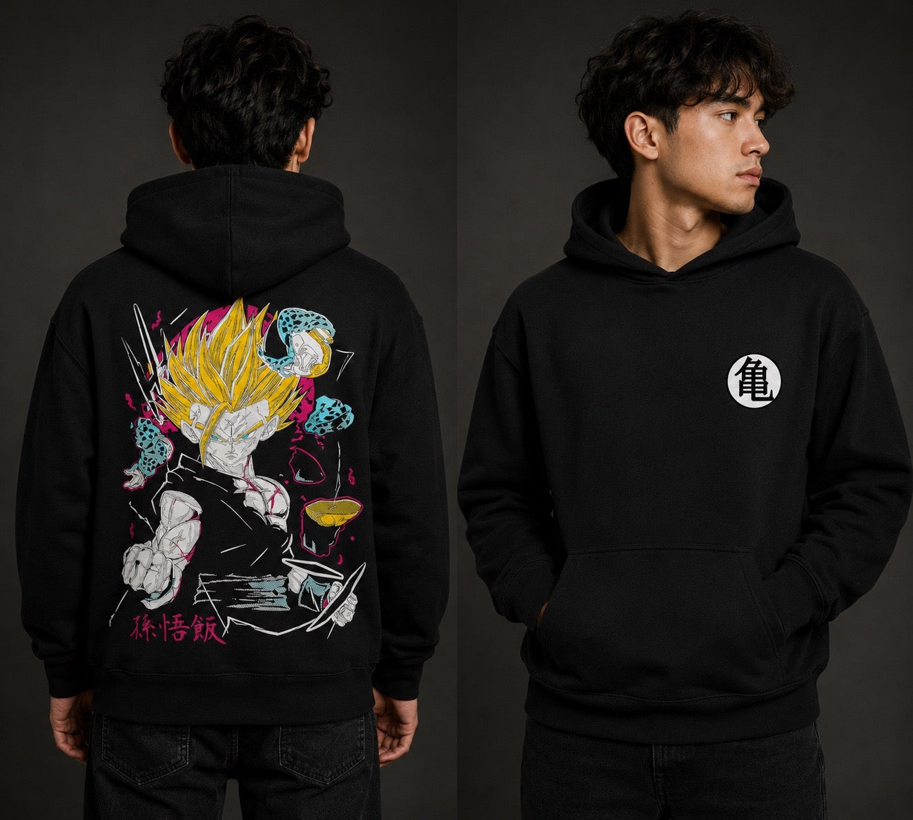 Black hoodie with colorful anime graphic on the back and white symbol on the chest.